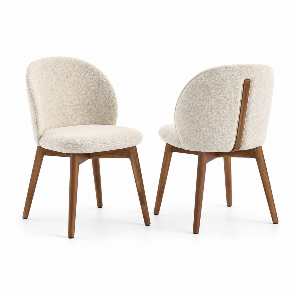 Sedia da pranzo beige in poliestere bouclé con gambe in legno massello di gomma schienale arrotondato 50 x 58 x 82 cm