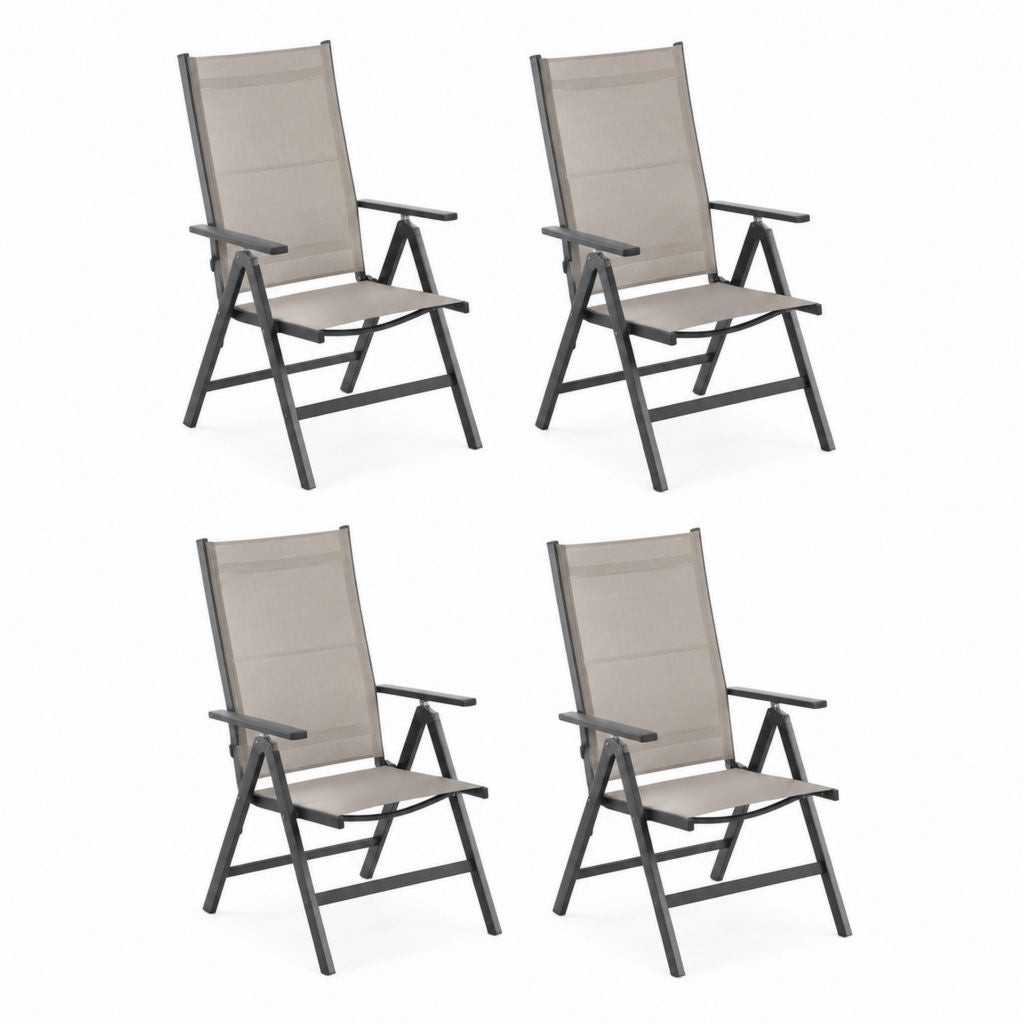 Set 4 sedie da giardino pieghevoli reclinabili grigio talpa in acciaio e textilene 54 x 73 x 107 cm