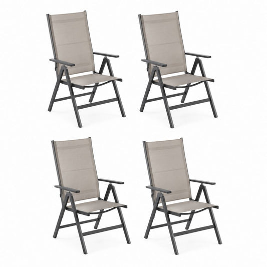 Set 4 sedie da giardino pieghevoli reclinabili grigio talpa in acciaio e textilene 54 x 73 x 107 cm