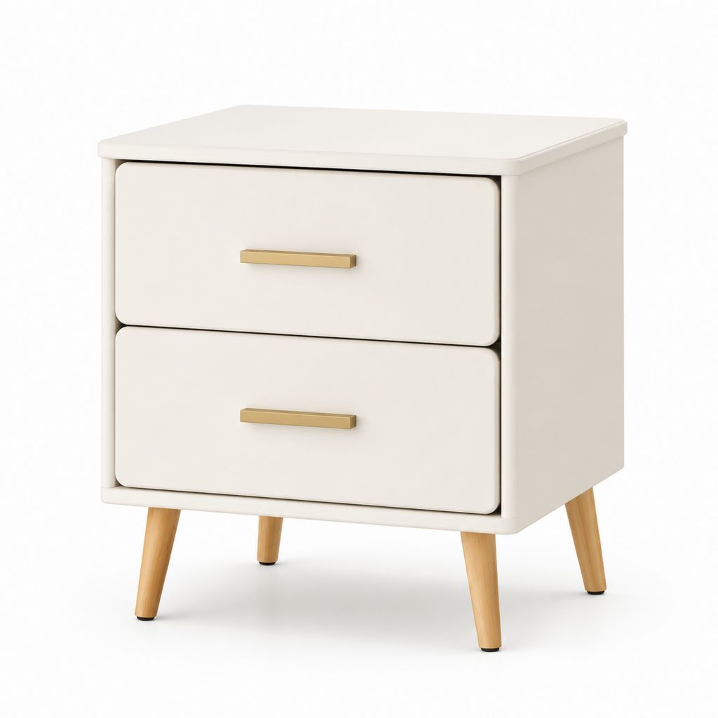 Comodino a 2 cassetti bianco in MDF con gambe in legno massello 45 x 35 x 55 cm