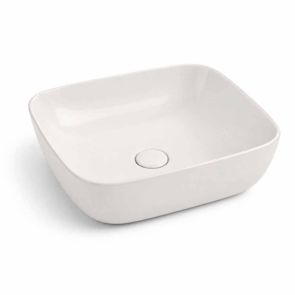 Lavabo da appoggio bianco in ceramica rettangolare arrotondato 48 x 37 x 13 cm