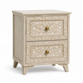 Comodino a 2 cassetti beige in massello di mango con intarsio floreale 50 x 35 x 60 cm