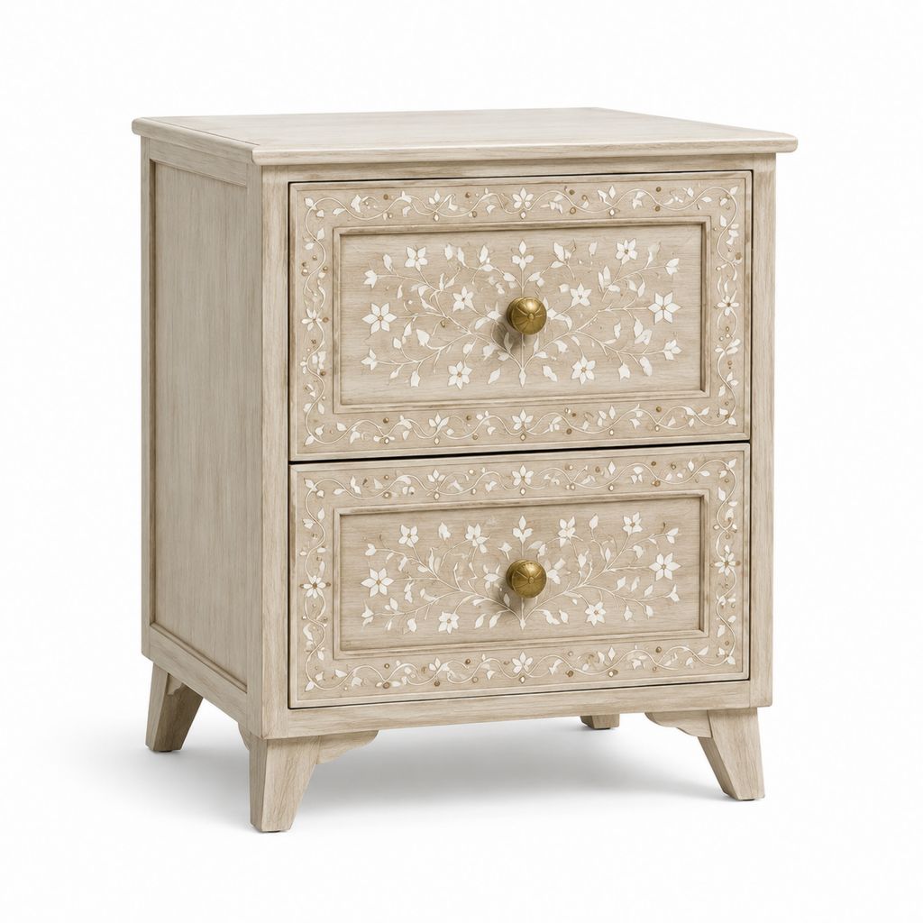 Comodino a 2 cassetti beige in massello di mango con intarsio floreale 50 x 35 x 60 cm