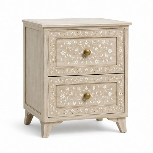 Comodino a 2 cassetti beige in massello di mango con intarsio floreale 50 x 35 x 60 cm