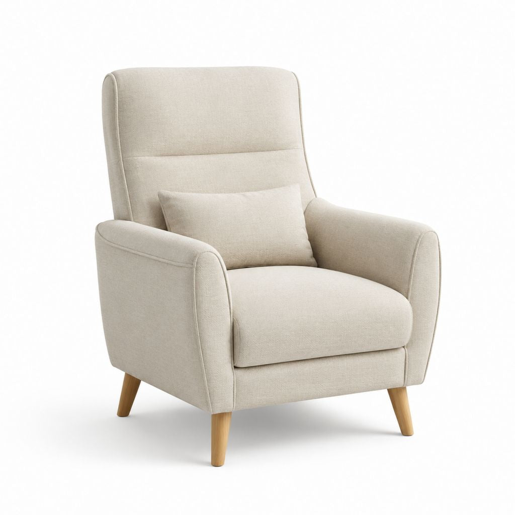 Poltrona soggiorno beige in poliestere con cuscino e gambe in legno massello 78 x 85 x 100 cm